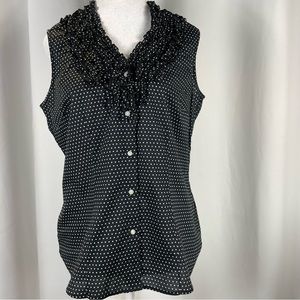 Sandra Ingrish Sleeveless Black & White Polka Dot Tuxedo Ruffle Top Size…